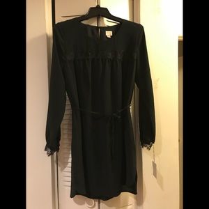 Black shift dress with lace neck and tie belt